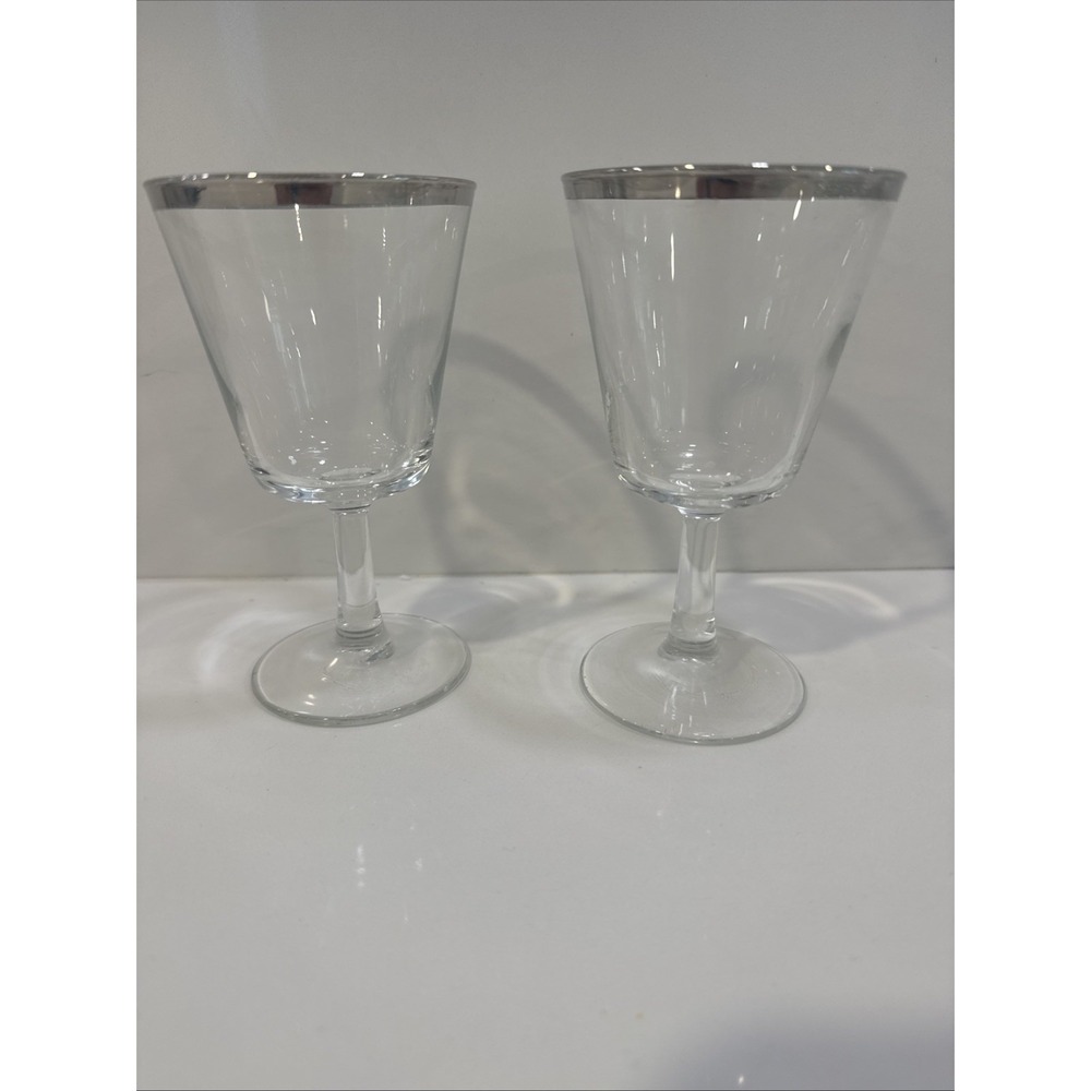 France Glass Set Of 2 Glasses W Silver Ring MCM Vintage